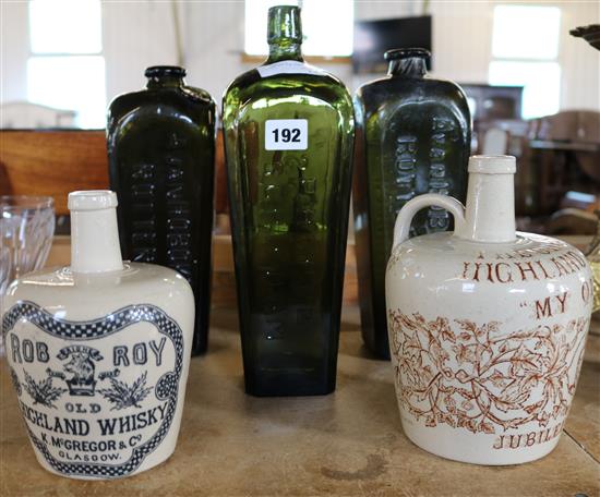 2 stoneware Whisky Bottles, by Port Dundas Pottery, Glasgow, 3 Dutch green glass bottles inscr. Avan Hoboken & Hoppe Schiedam